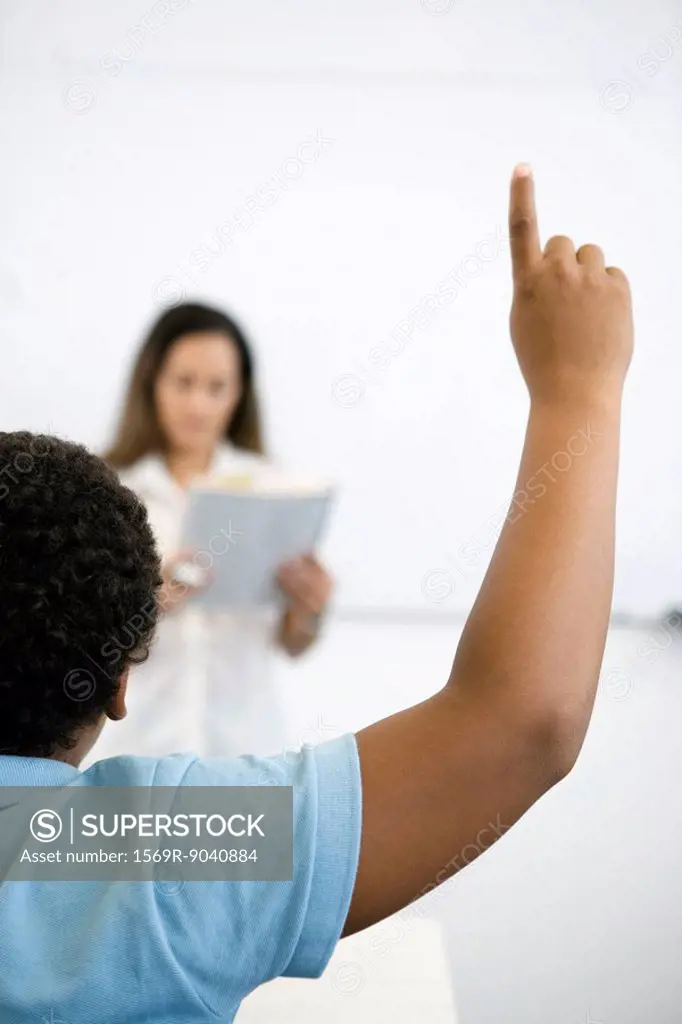 Elementary school student raising hand in class, rear view