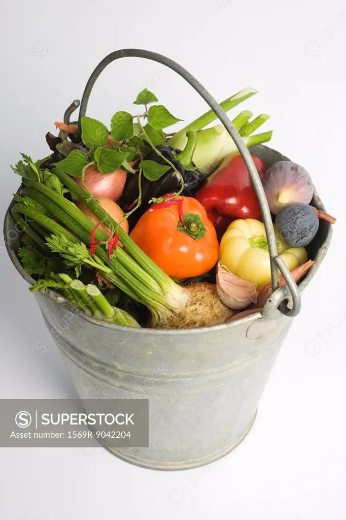 Bucket filled with assorted fresh vegetables