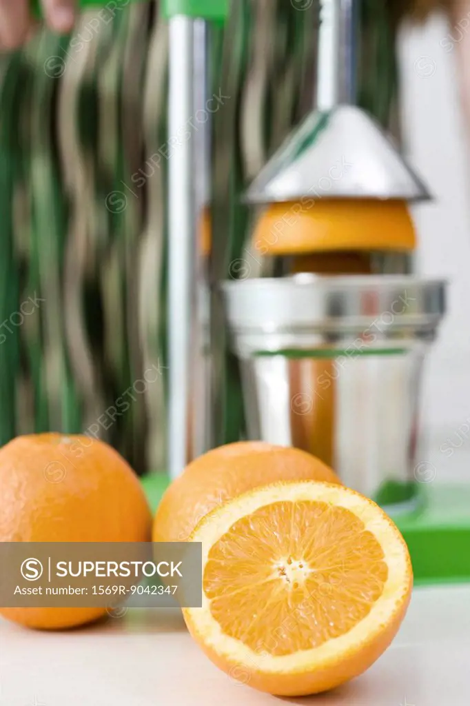 Using press to squeeze fresh orange juice