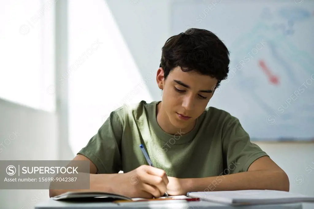 Teenage boy focusing on classwork assignment