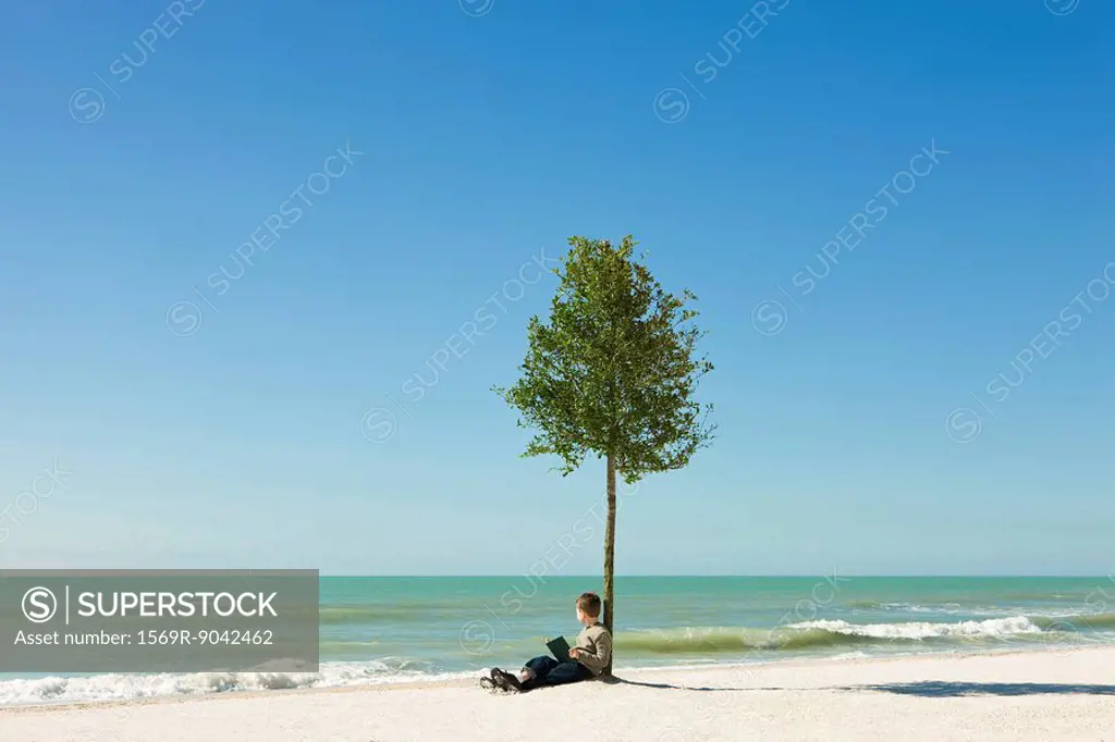 Boy sitting under tree on beach with book in hands, looking at sea