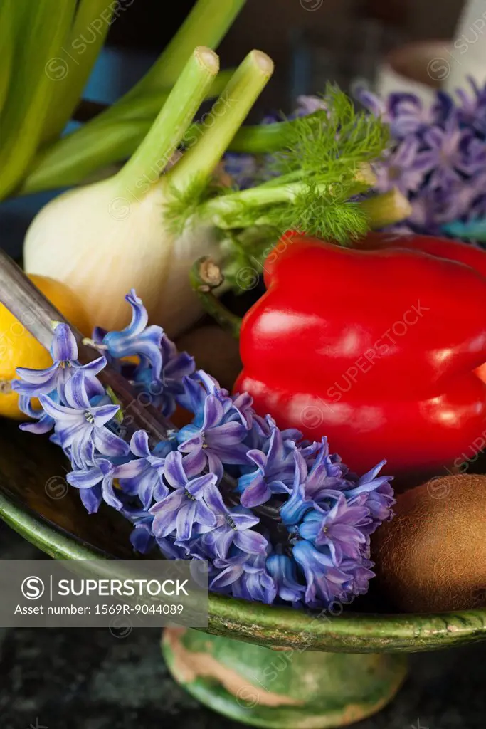 Assorted vegetables and fruits with freshly cut hyacinth