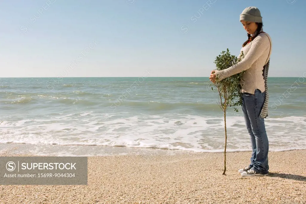 Preteen girl hugging tree growing at water´s edge on beach