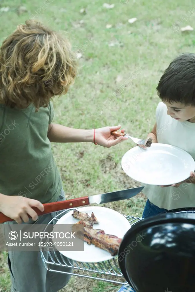 Two boys standing next to barbecue, one putting piece of meat onto other boy´s plate