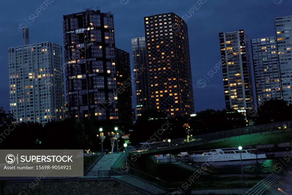Cityscape and canal at night