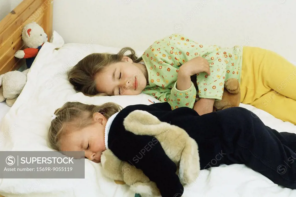 Sisters sleeping in bed, cuddling stuffed animals