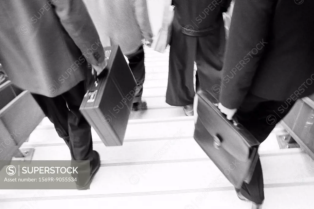 Business professionals with briefcases descending stairs