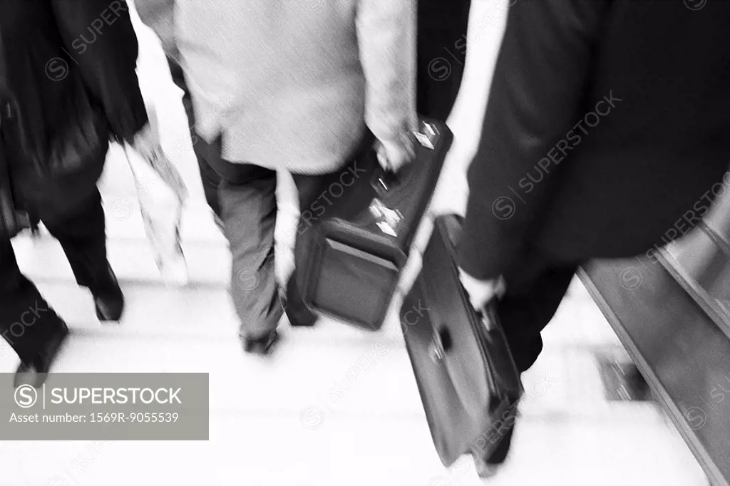 Business professionals with briefcases descending stairs