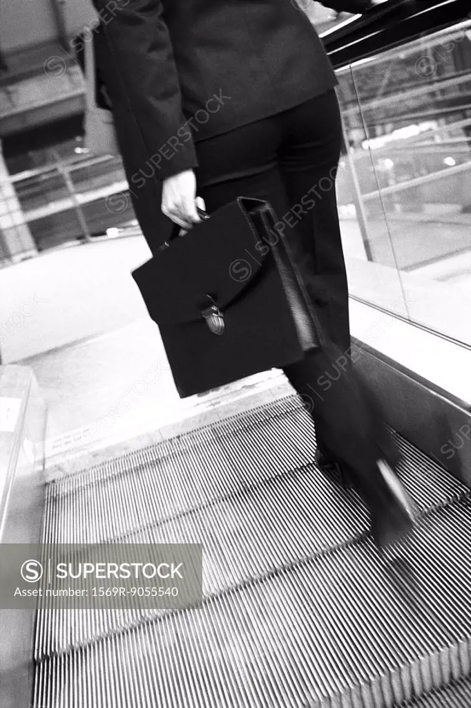 Businesswoman ascending escalator, rear view