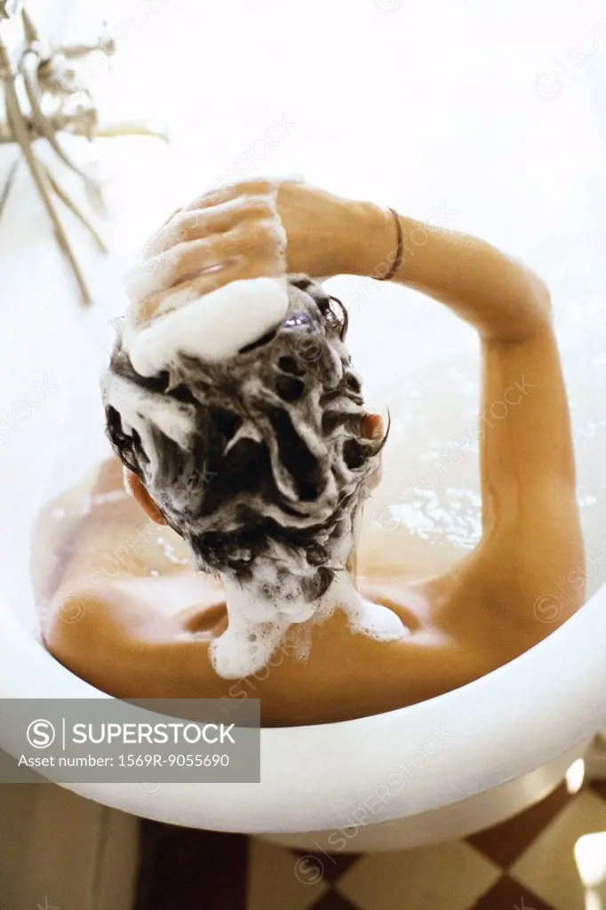 Woman in bathtub shampooing hair, rear view