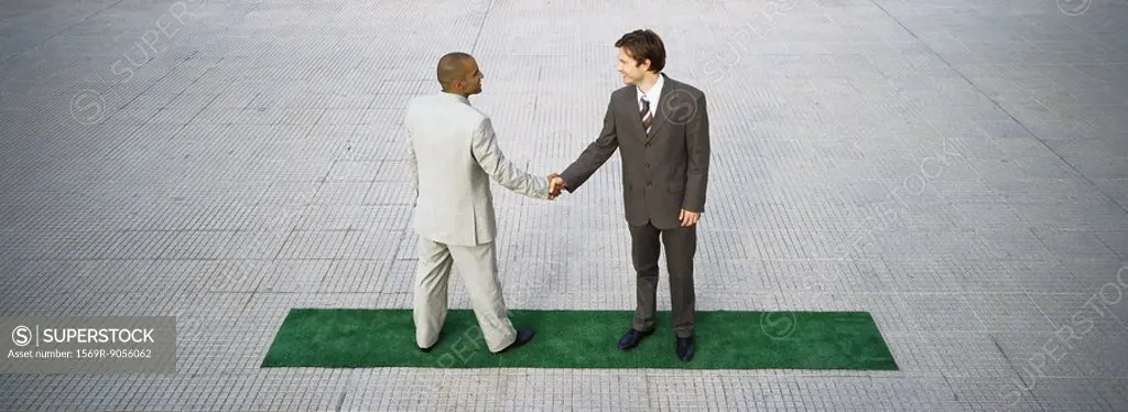 Businessmen standing on strip of artificial turf shaking hands