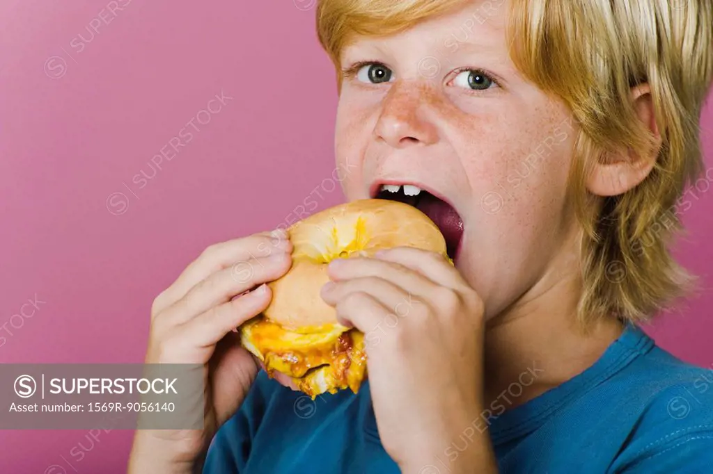 Boy eating ham and cheese sandwich