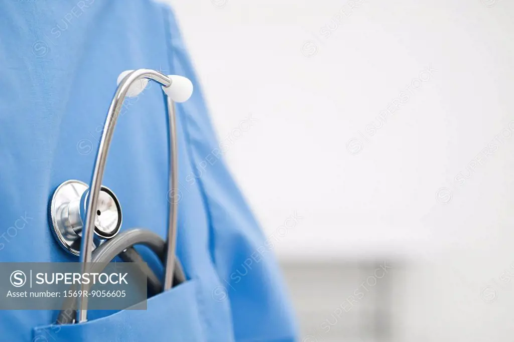 Stethoscope in pocket of scrub top