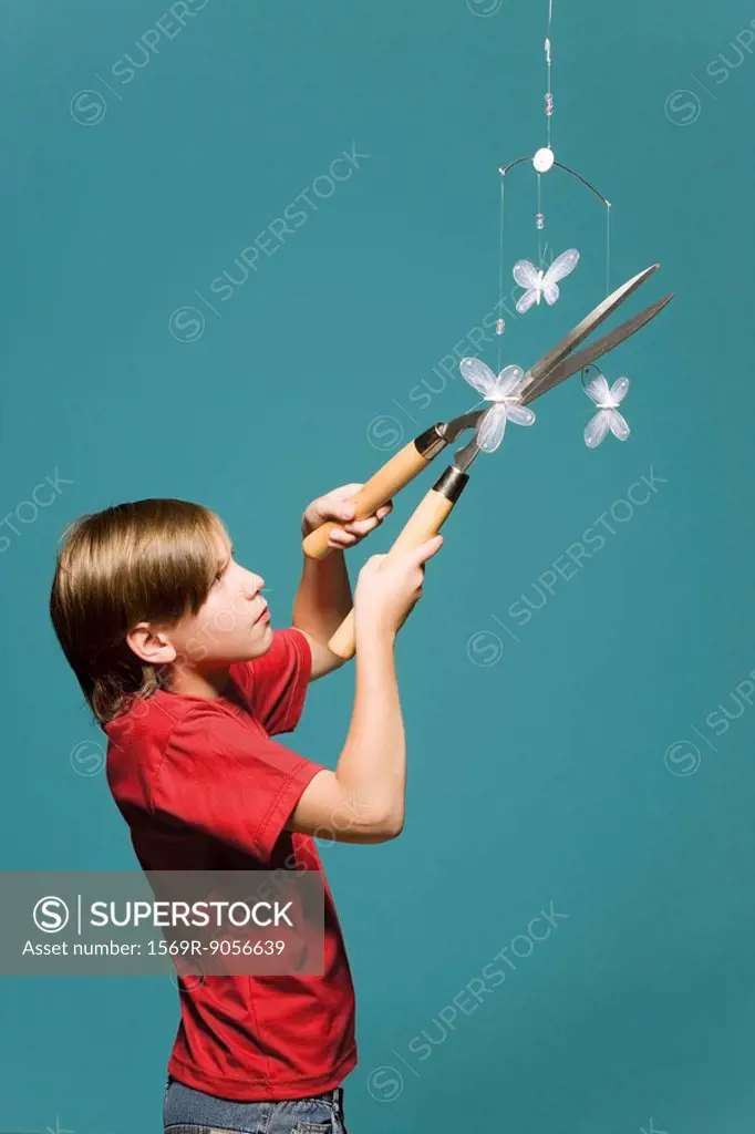 Boy using hedge clippers to cut down butterfly mobile