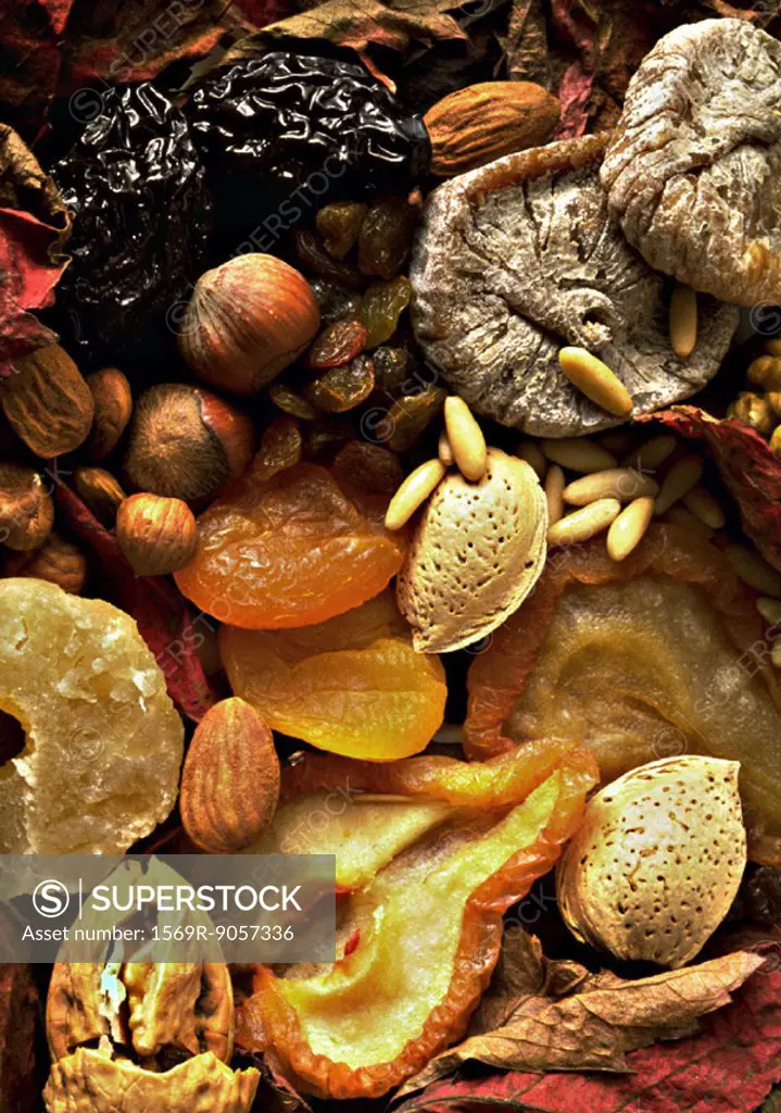 Assortment of dried fruits and nuts, full frame