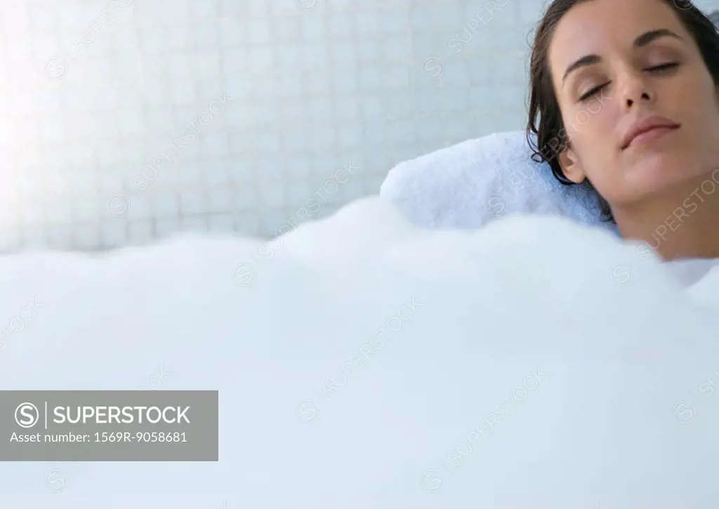 Woman in bubble bath