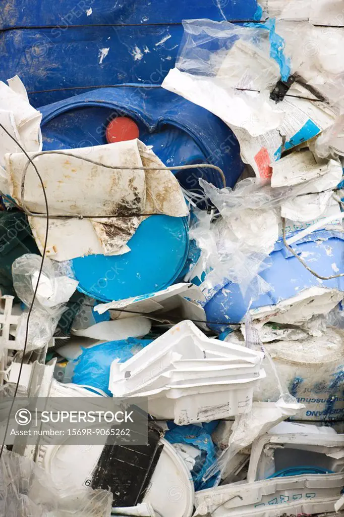 Plastic items separated for recycling, full frame