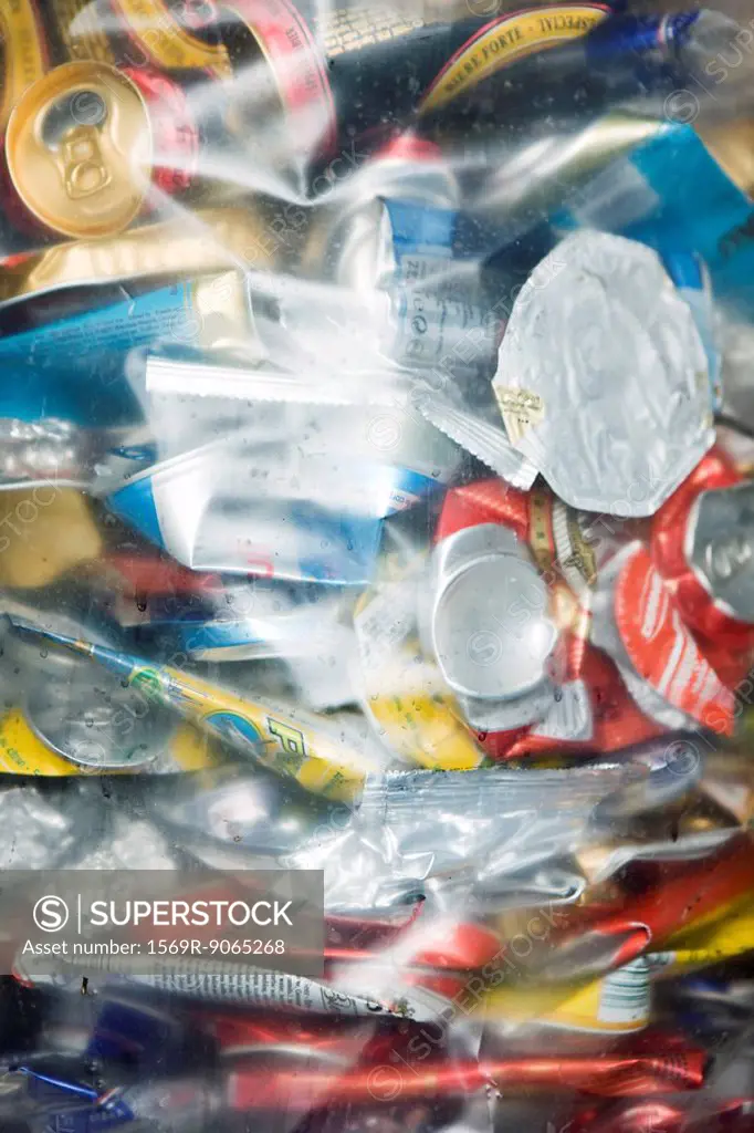 Aluminum cans in plastic bag, full frame