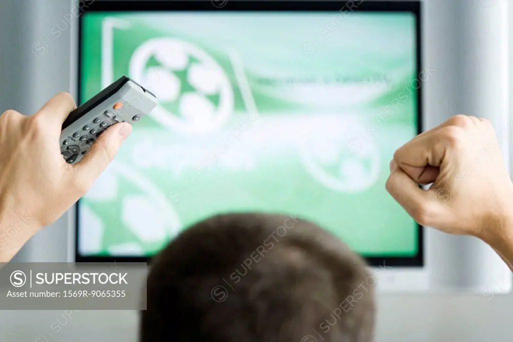 Person watching flat screen television, hands raised in air, cropped view