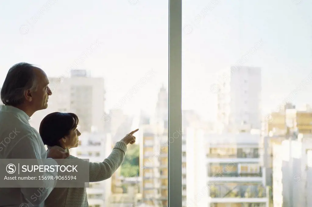 Mature couple at window looking at view of city skyline, woman pointing