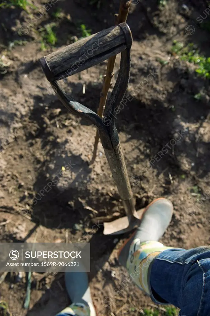 Farmer´s booted foot on shovel