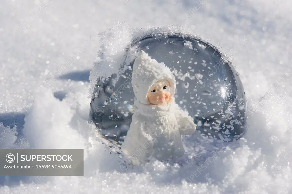 Snow globe with figurine of little girl in winter clothing sitting in snow