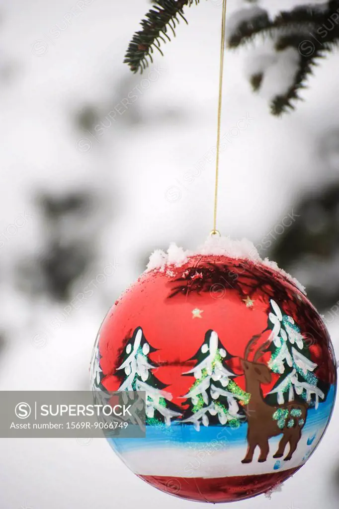 Colorful Christmas ornament hanging from snow frosted branch