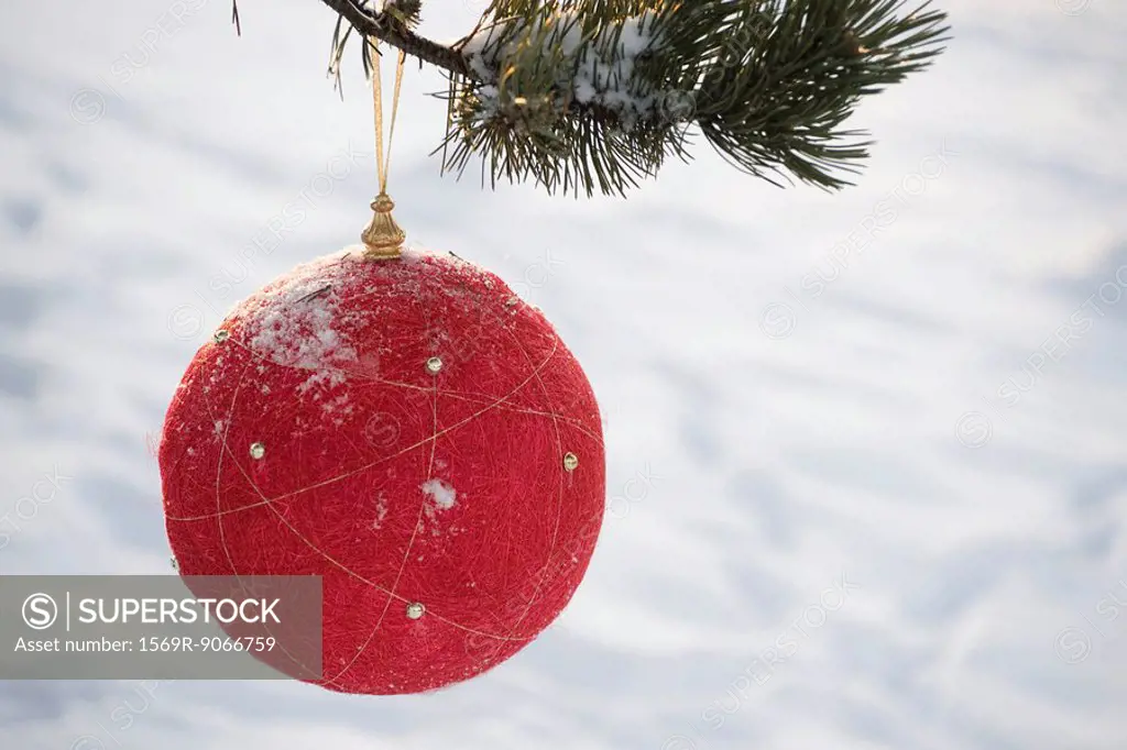 Red Christmas ornament hanging from evergreen branch, snow in background