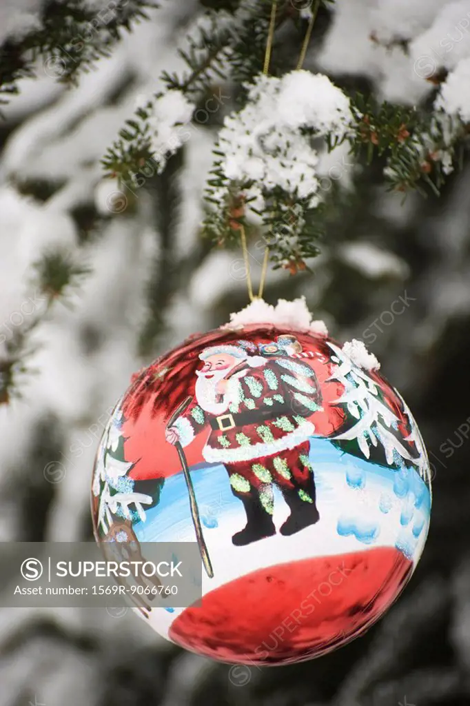Colorful Christmas ornament hanging from snow frosted branch