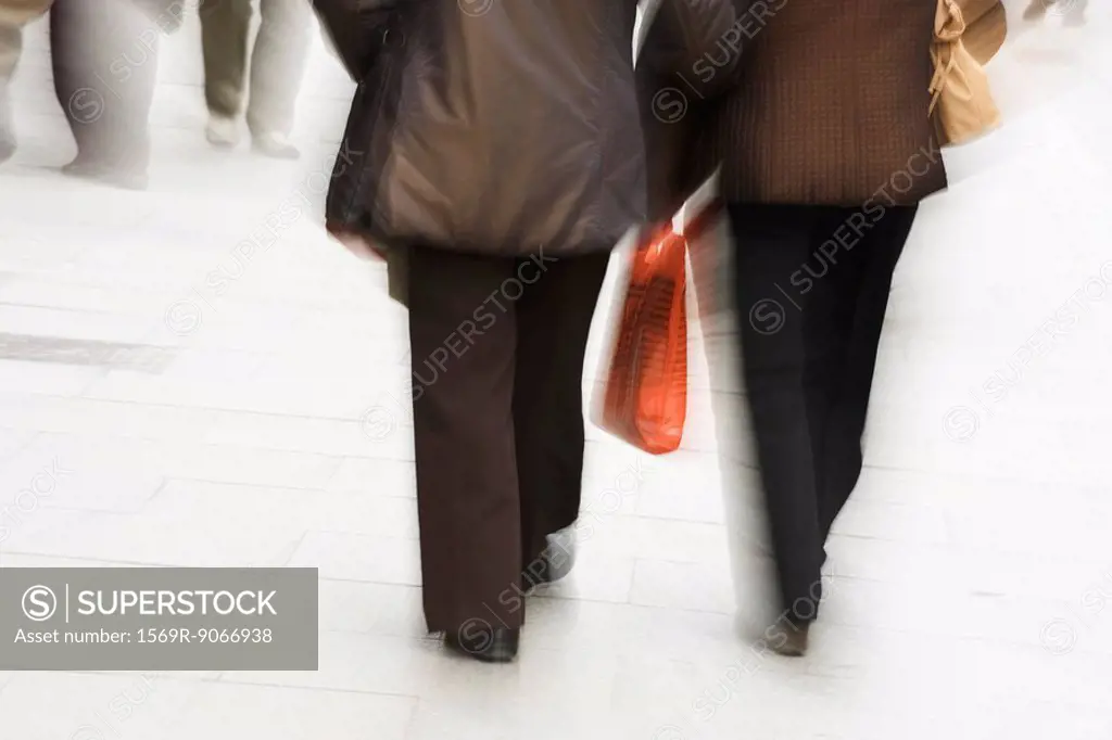 Pedestrians walking on sidewalk, one carrying shopping bag, rear view