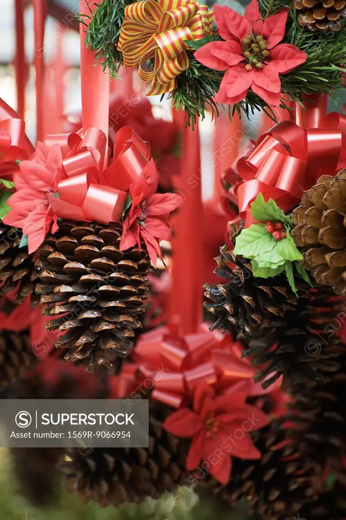 Pine cone and poinsettia Christmas decorations