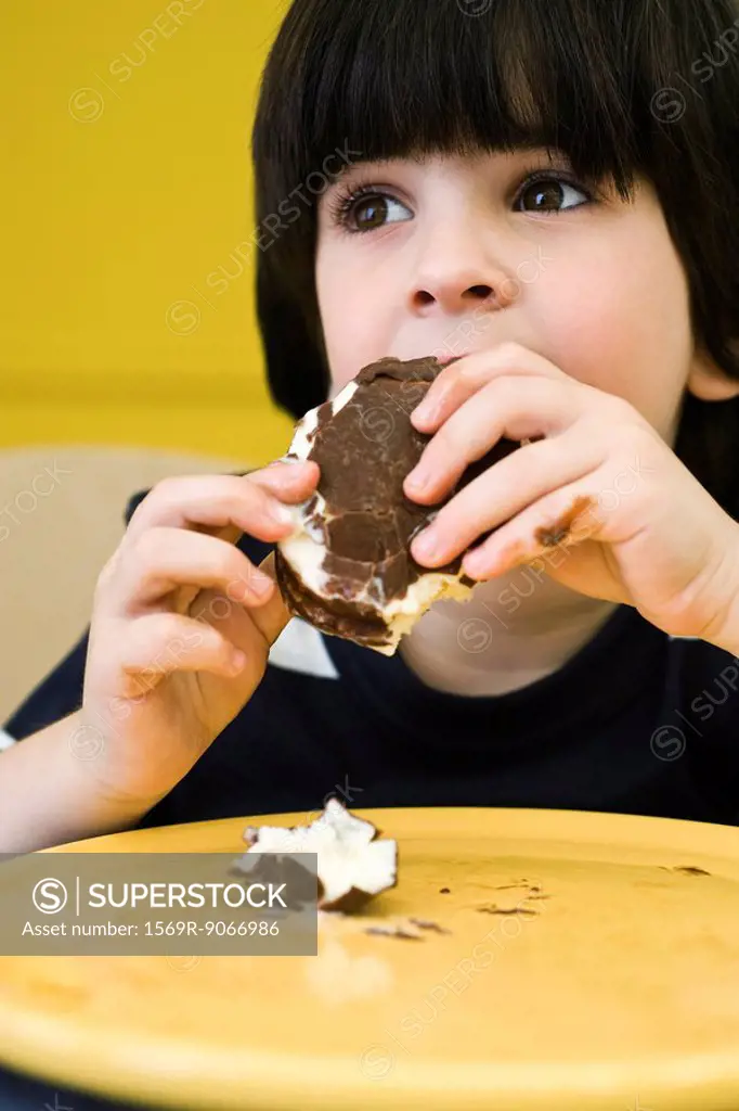 Little boy eating messy ice cream bar
