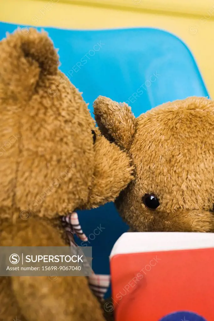 Teddy bear whispering into another teddy bear´s ear