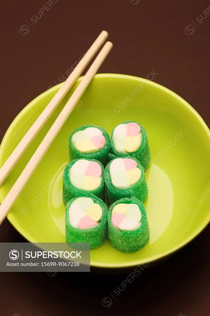 Food concept, candy rolled to look like maki sushi rolls