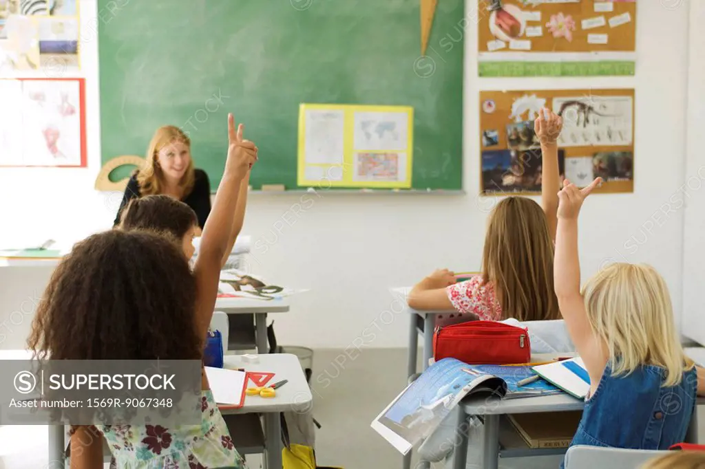 Elementary students in classroom raising hands, rear view