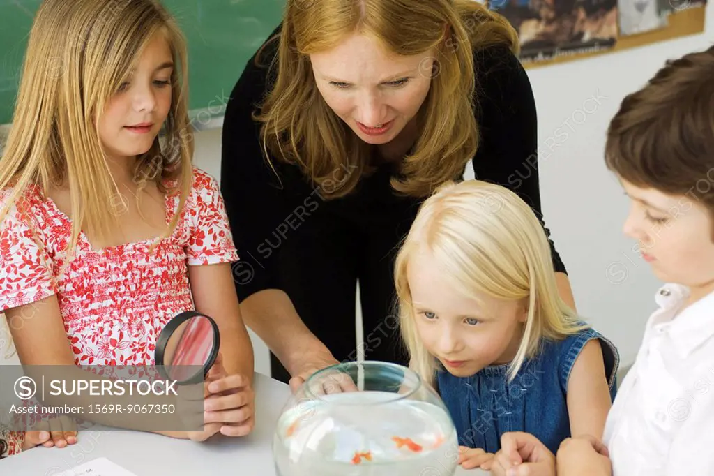 Elementary teacher and students gathered around goldfish bowl