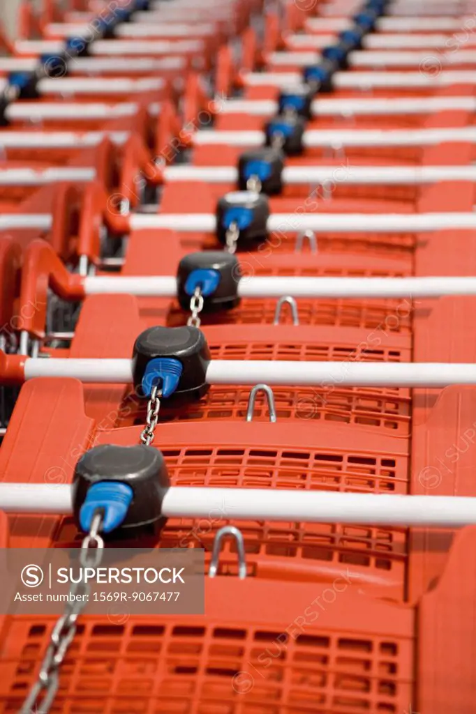 Shopping carts in row, close_up