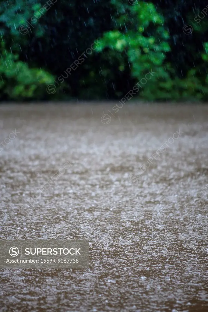 Heavy rain hitting surface of water