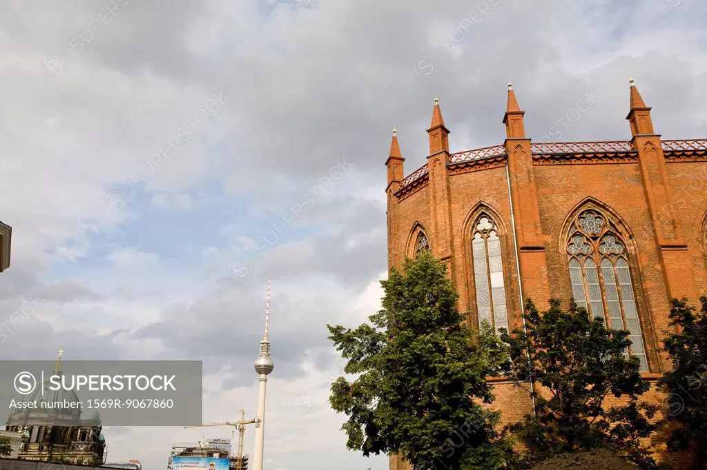 Germany, Berlin, Friedrichswerder Church, Fernsehturm television tower and Berlin Cathedral visible in background
