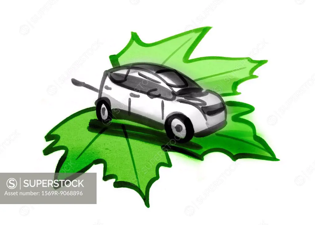 Electric car with electric cable on green leaf