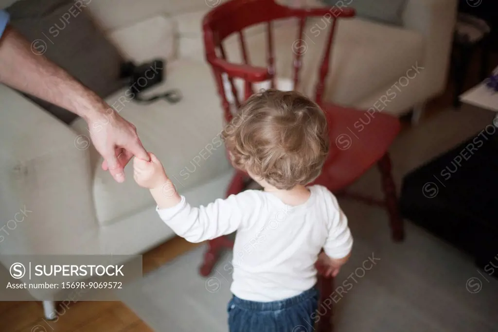 Toddler holding on to father´s hand, walking toward sofa, cropped