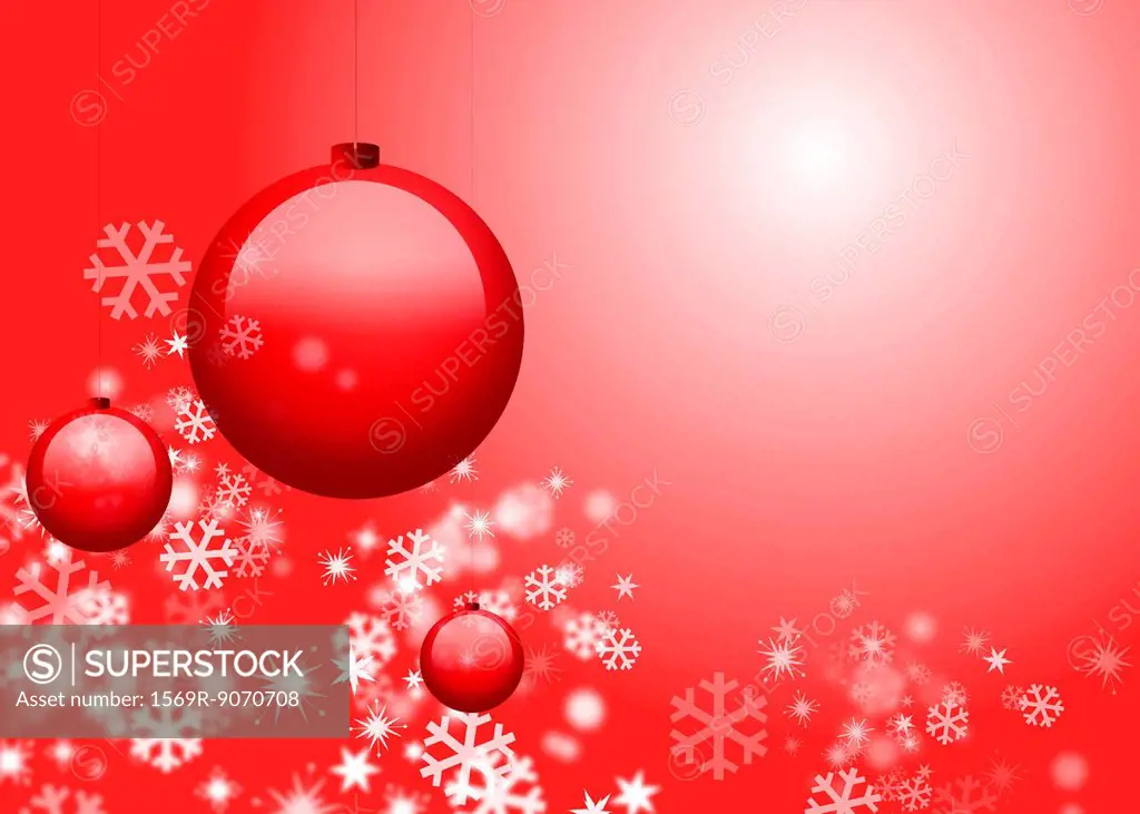 Christmas ornaments and snowflakes on red background