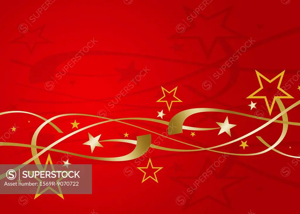 Festive stars and streamers on red background