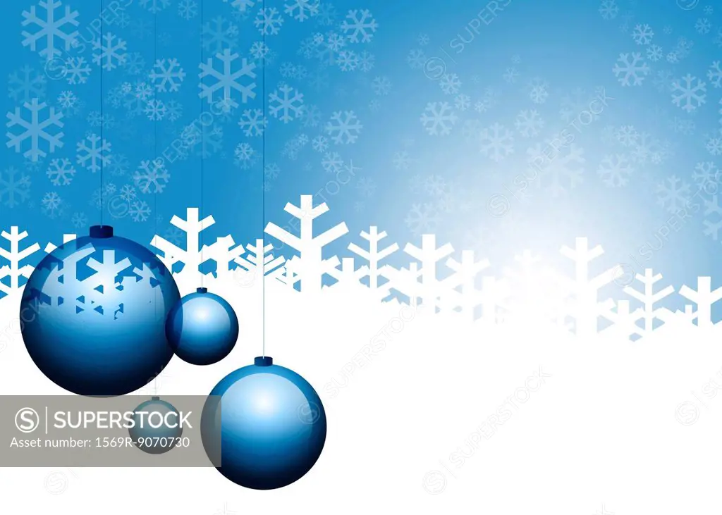 Christmas ornaments and snowflakes on blue background