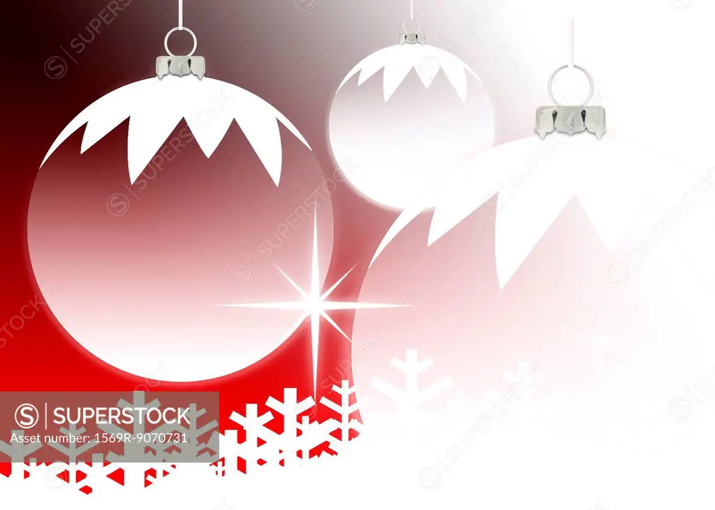 Christmas ornaments and snowflakes on red background