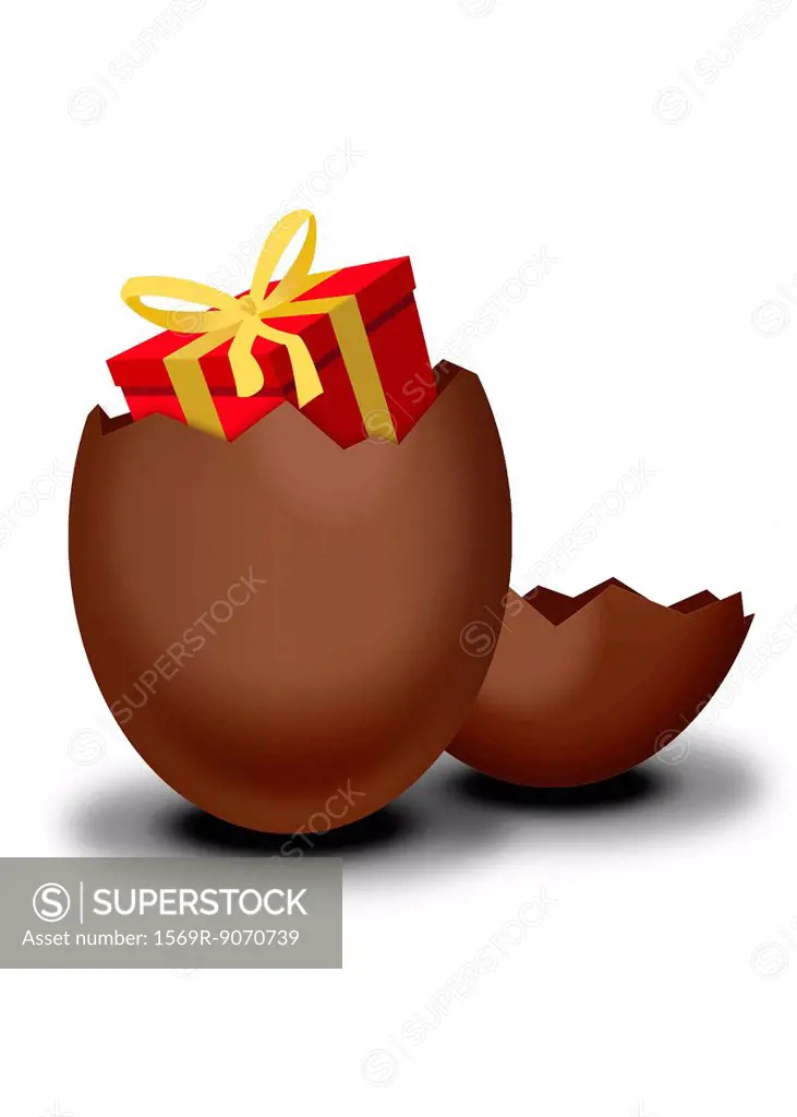 Chocolate Easter egg containing wrapped gift
