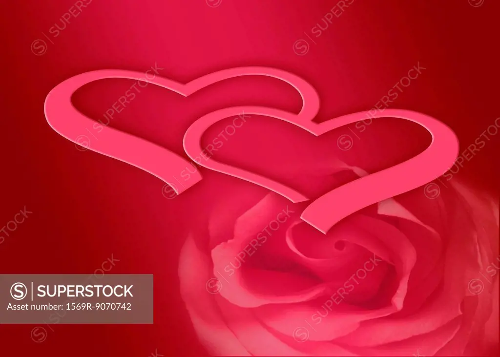 Hearts and rose on red background