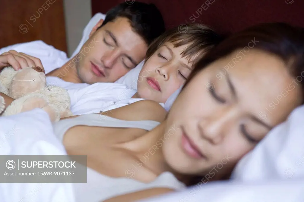 Parents and young son sleeping together in bed