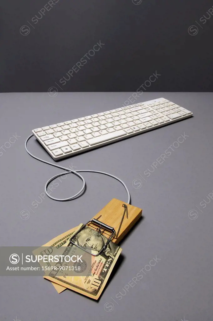 Dollar bill in mousetrap connected to keyboard