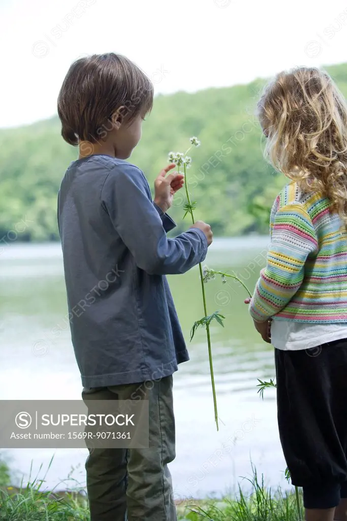 Children looking at wildflowers by lake
